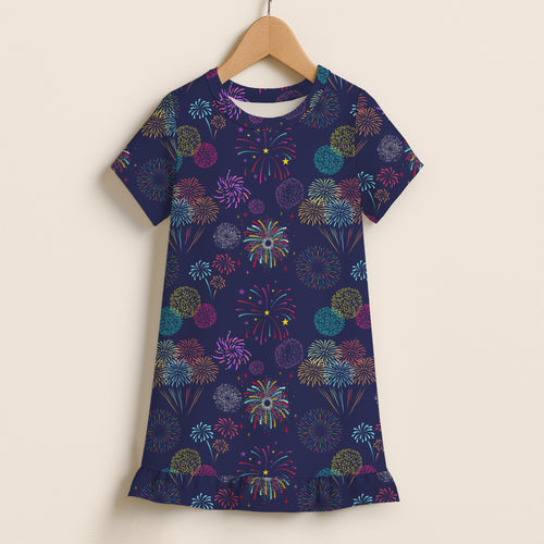 Girls colorful fireworks short sleeve navy blue dress with ruffle hem featuring a vibrant multicolored pattern