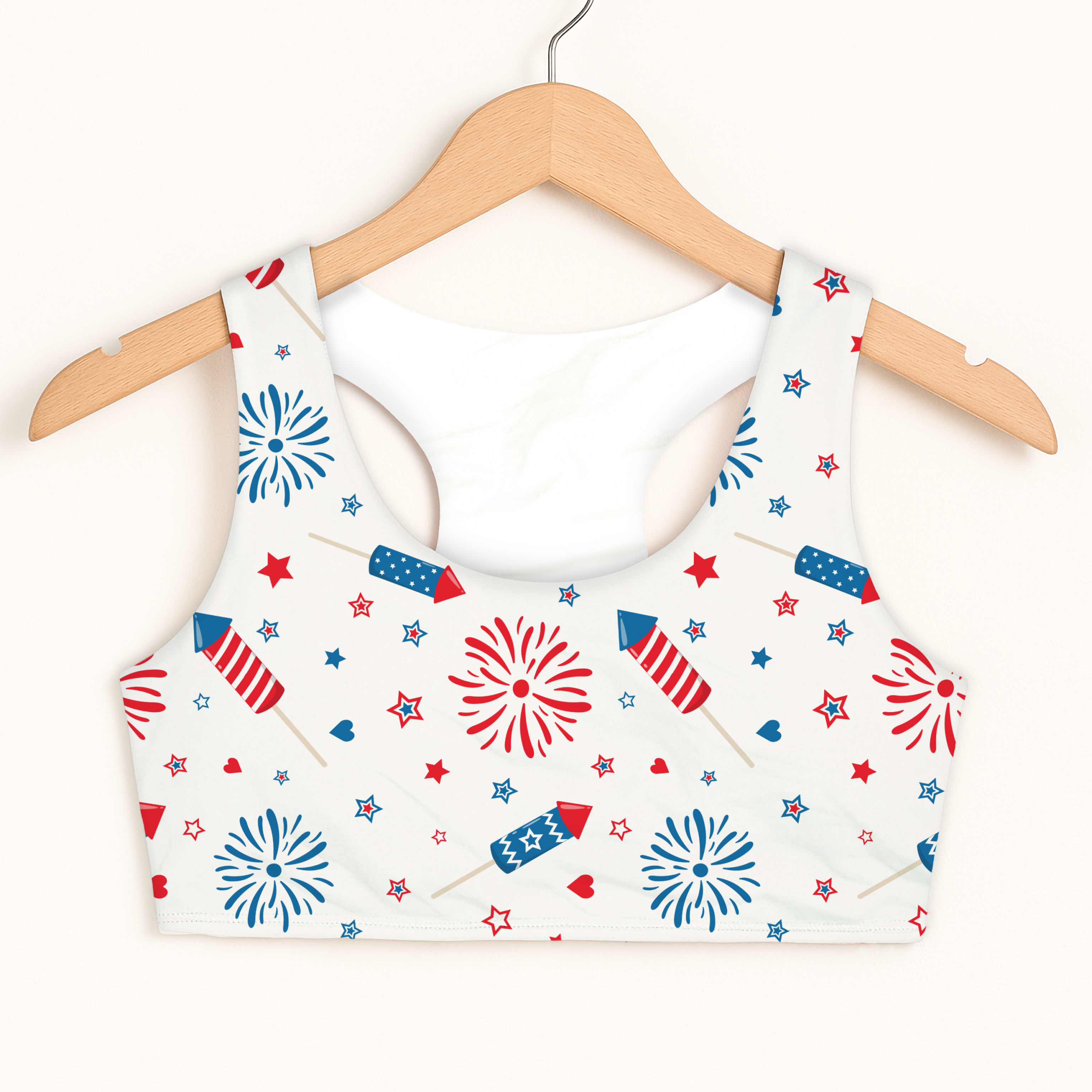White girls fireworks sports bra with red and blue rocket designs quick drying double layered comfort
