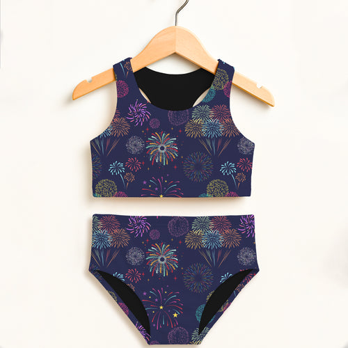 Girls colorful fireworks 4th of July navy blue two-piece swimsuit with black lining and double layered UPF 50+ fabric