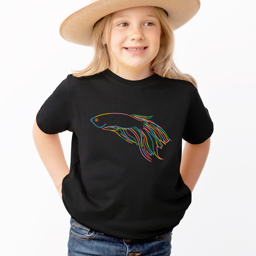 Kids Colorful Betta Fish Outline T-Shirt - Soft Lightweight Cotton Tee