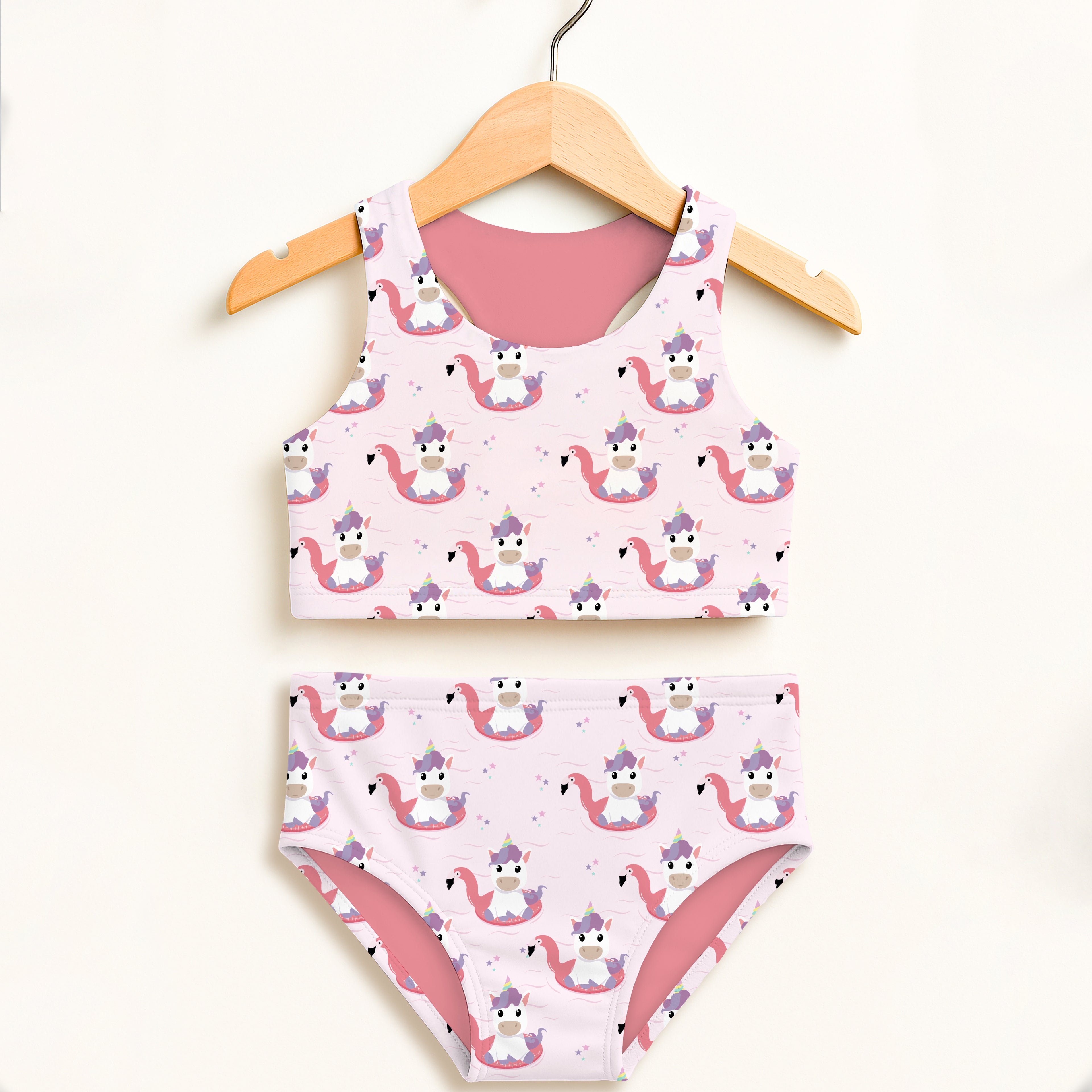 Girls unicorn flamingo two piece swimsuit pink cartoon unicorn and flamingo print double layered upf 50+ high waisted