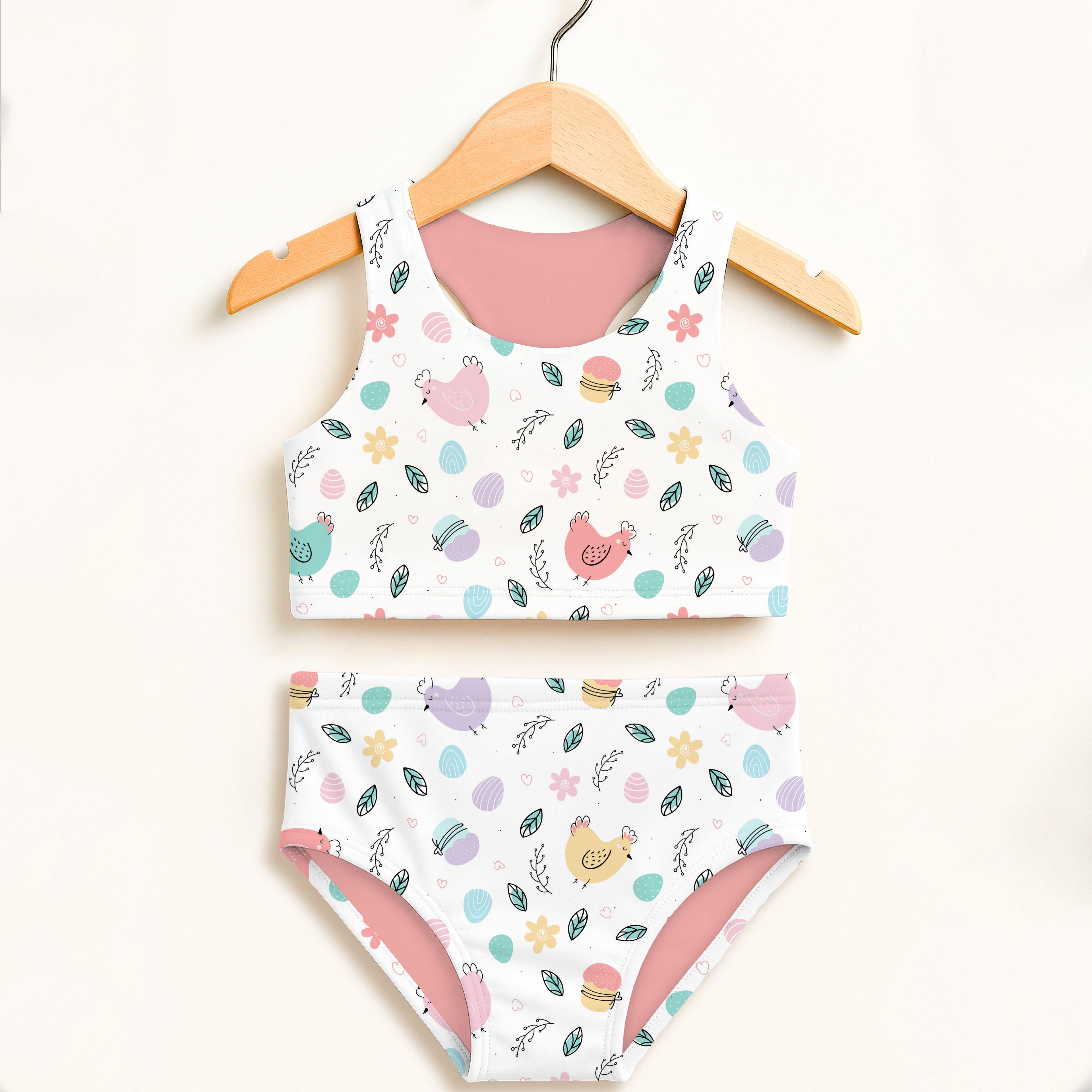 Girls pastel easter chick two piece swimsuit with white base, pastel chick and egg prints, double layered UPF 50+ fabric