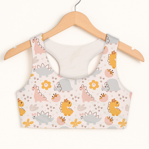 Girls floral dinosaur sports bra in white with pastel cartoon dinosaurs and flowers quick drying double layered comfort