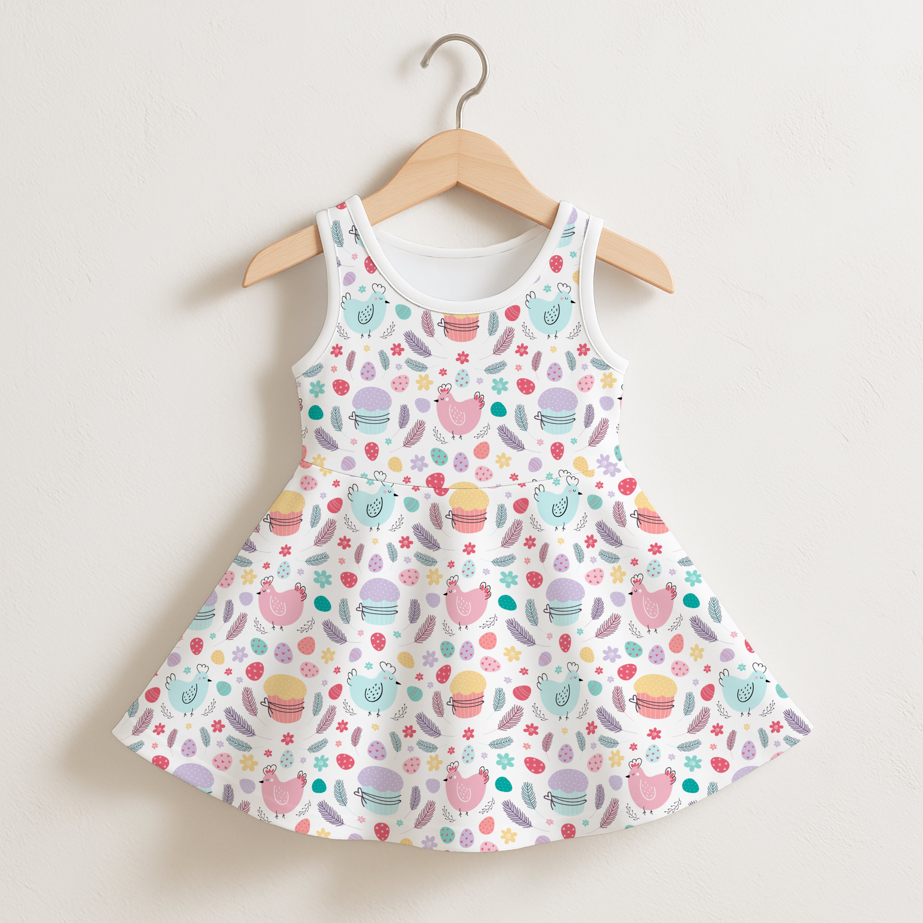Girls Easter bird sleeveless dress in white with pastel chickens eggs and flowers pattern and flared skirt design
