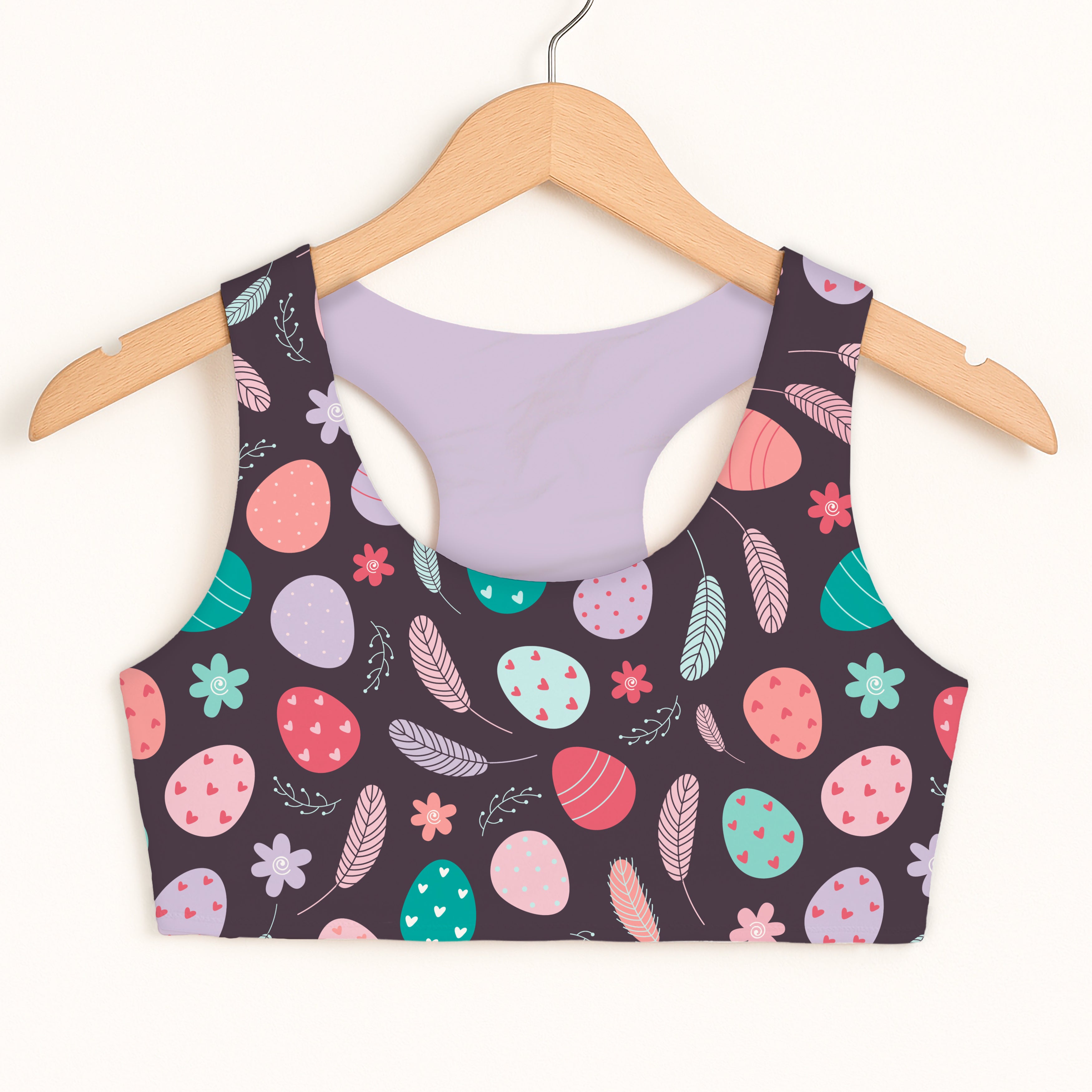 Girls dark floral easter egg sports bra in dark brown with pastel eggs feathers flowers quick drying double layered comfort