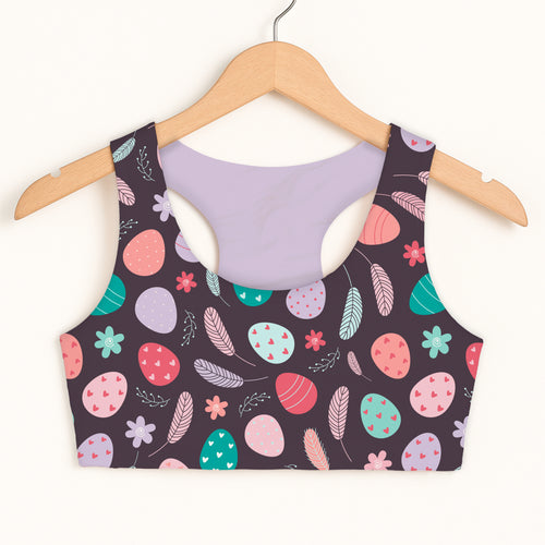 Girls dark floral easter egg sports bra in dark brown with pastel eggs feathers flowers quick drying double layered comfort