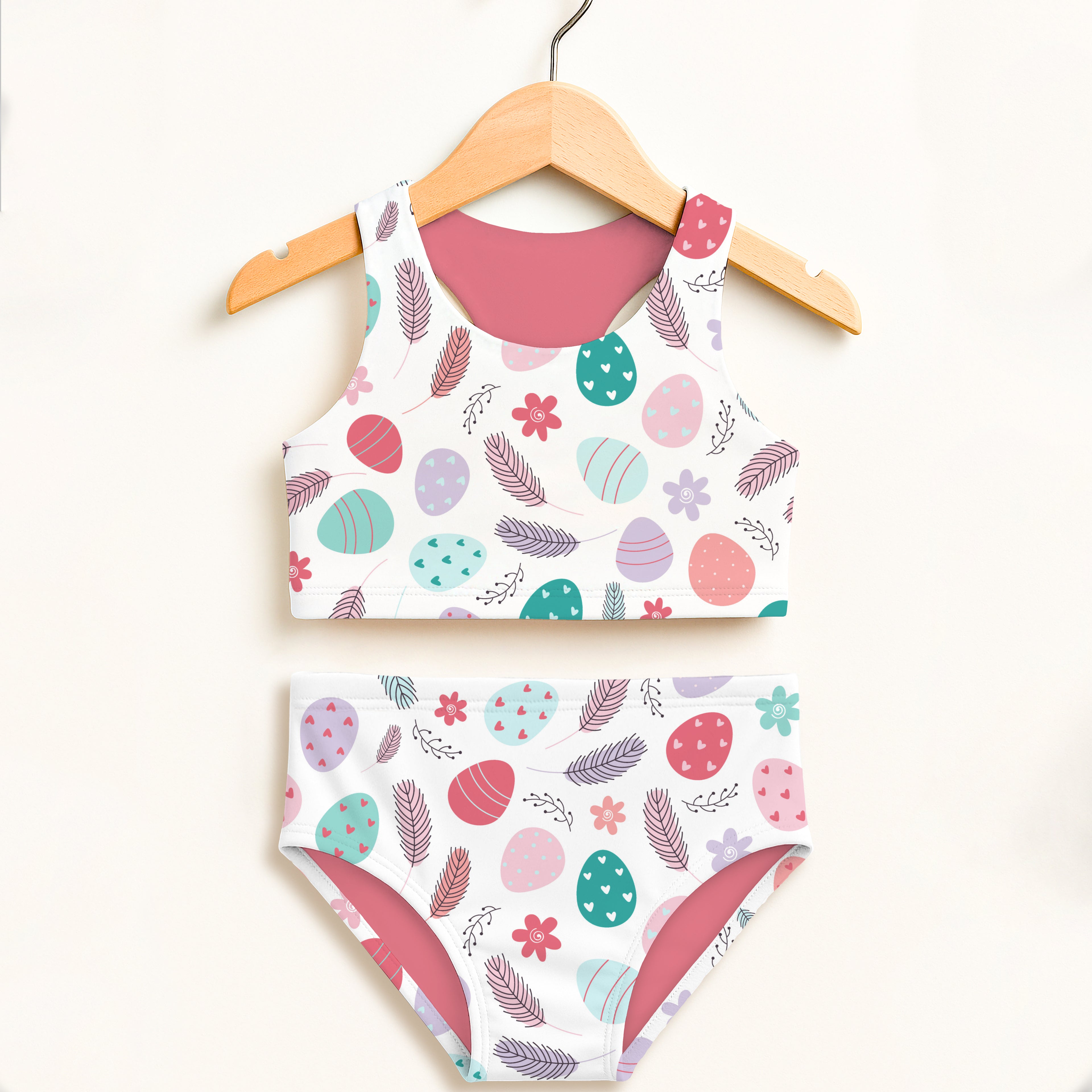 Girls floral easter eggs two piece swimsuit with pastel egg print white base high waisted double layered upf 50+