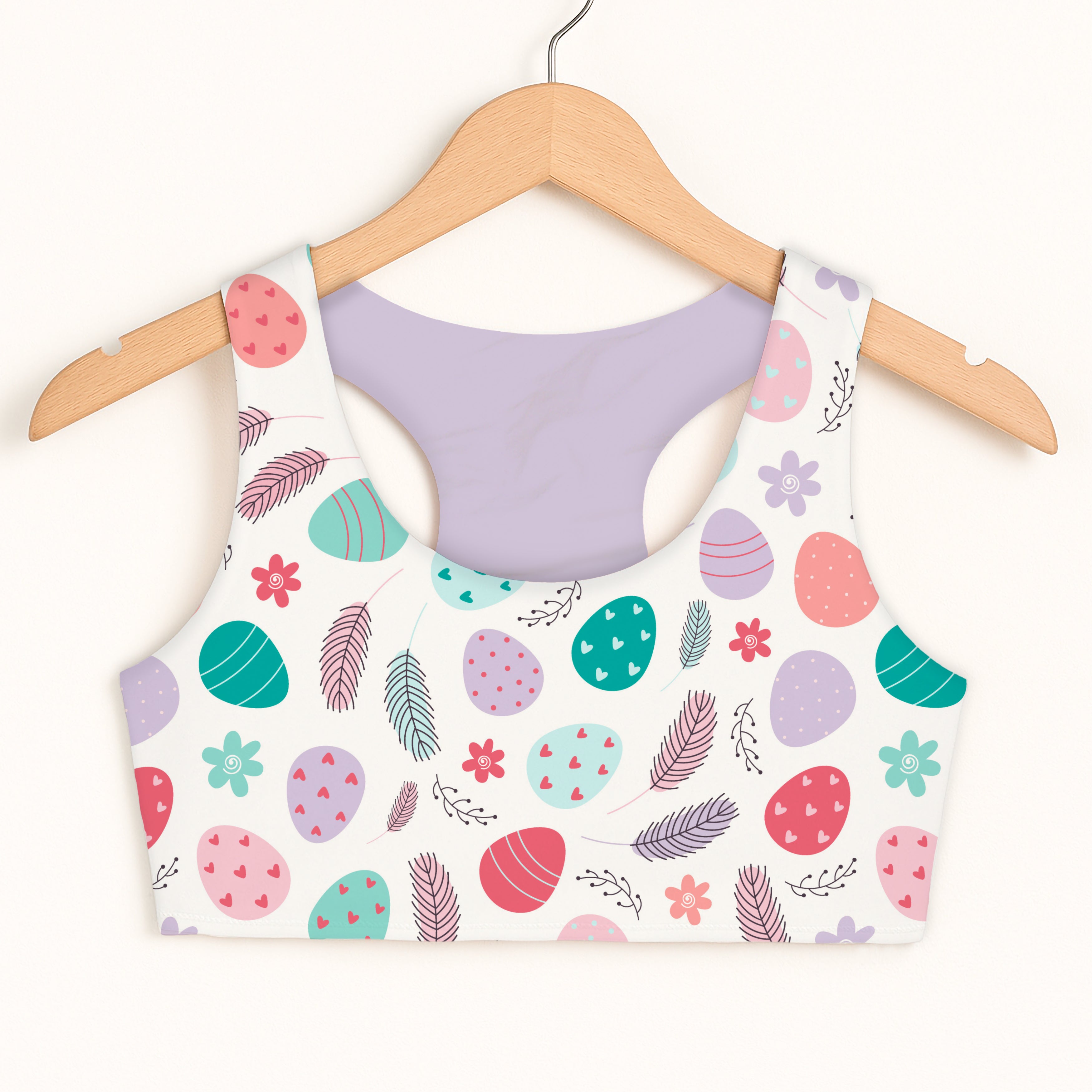 Girls floral easter eggs sports bra white with pastel egg feather and flower pattern quick drying double layered comfort