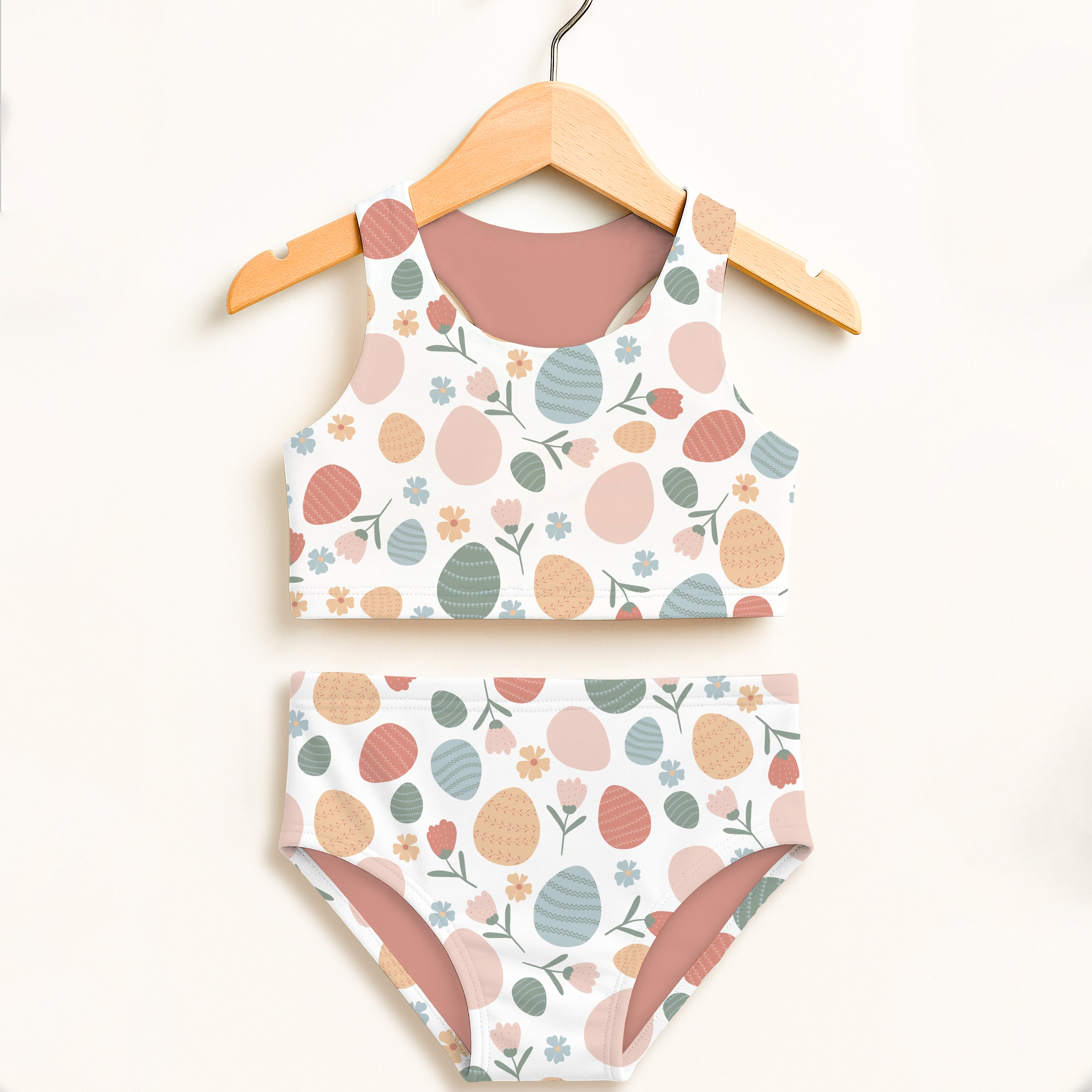 Girls floral easter egg two-piece swimsuit white base pastel colors pinkish-brown lining double layered upf 50+ high waisted