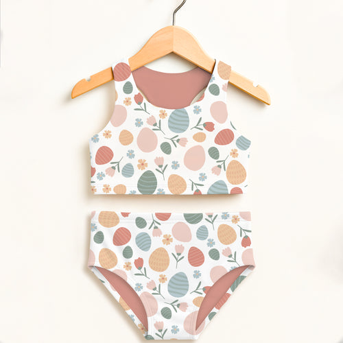 Girls floral easter egg two-piece swimsuit white base pastel colors pinkish-brown lining double layered upf 50+ high waisted