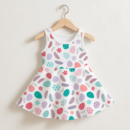 Girls floral easter egg feather sleeveless dress in white with pastel pink teal purple and red playful patterns