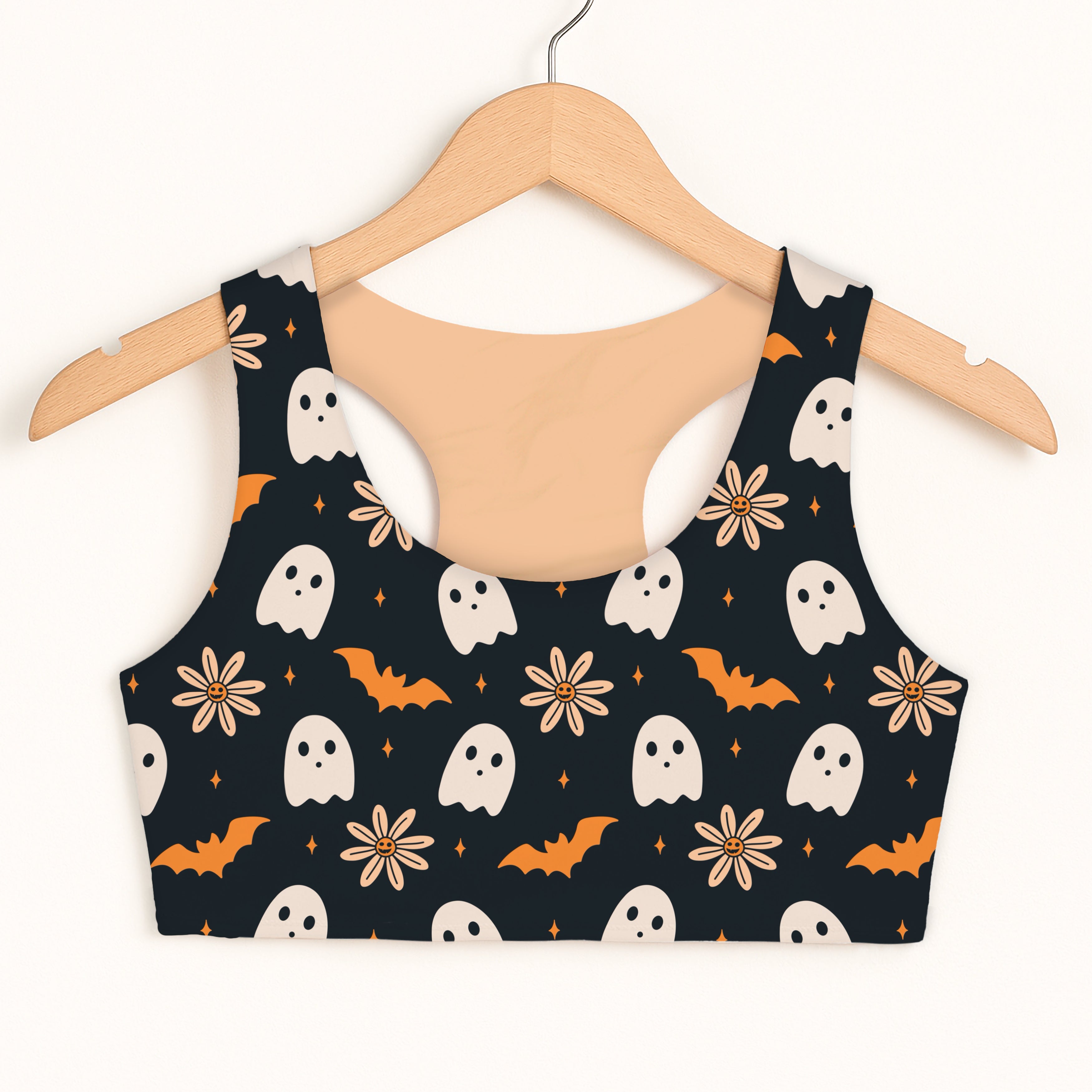 Girls Orange Floral Halloween Ghosts & Bats Sports Bra - Quick Drying, Double Layered Comfort