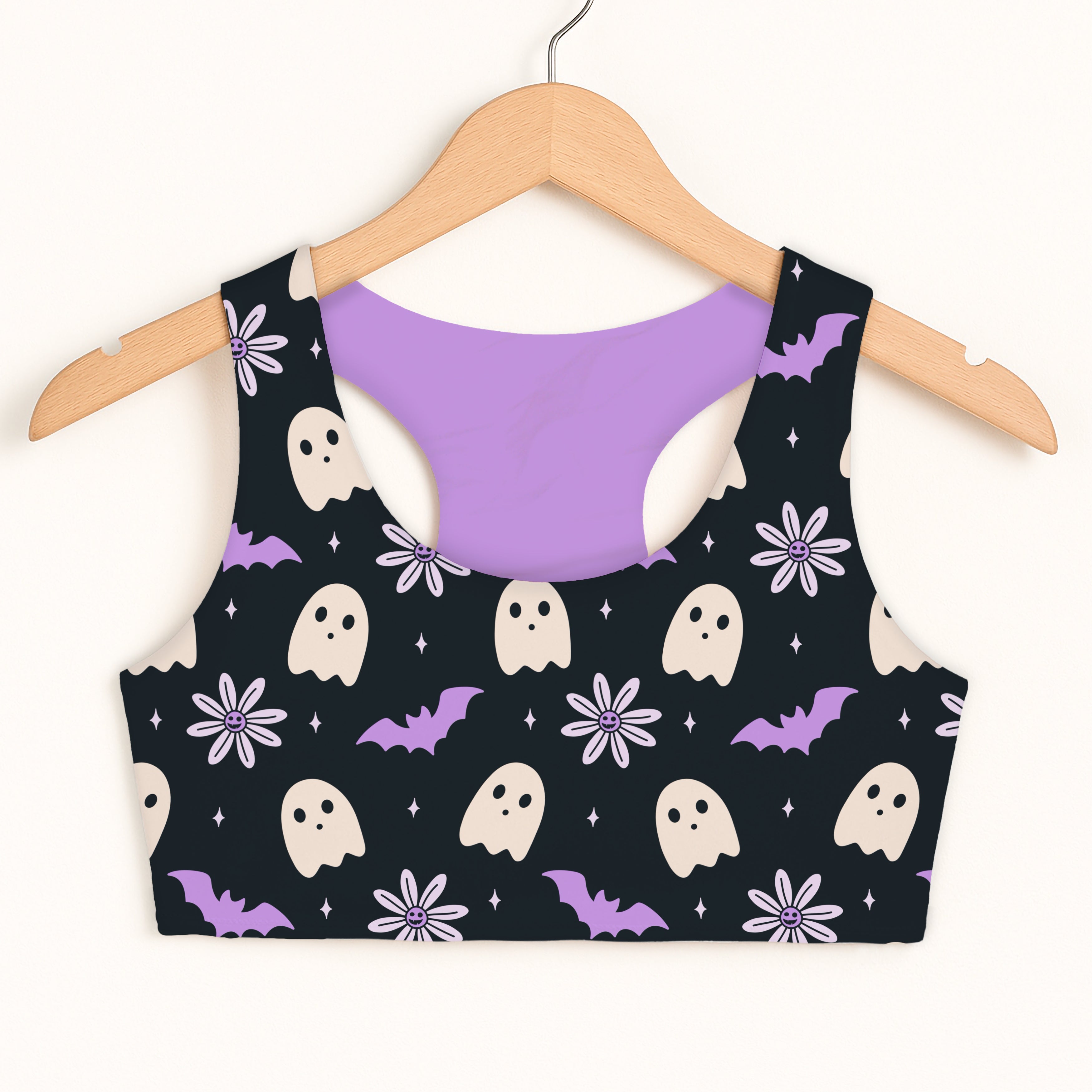 Girls Purple Floral Halloween Ghosts & Bats Sports Bra - Quick Drying, Double Layered Comfort