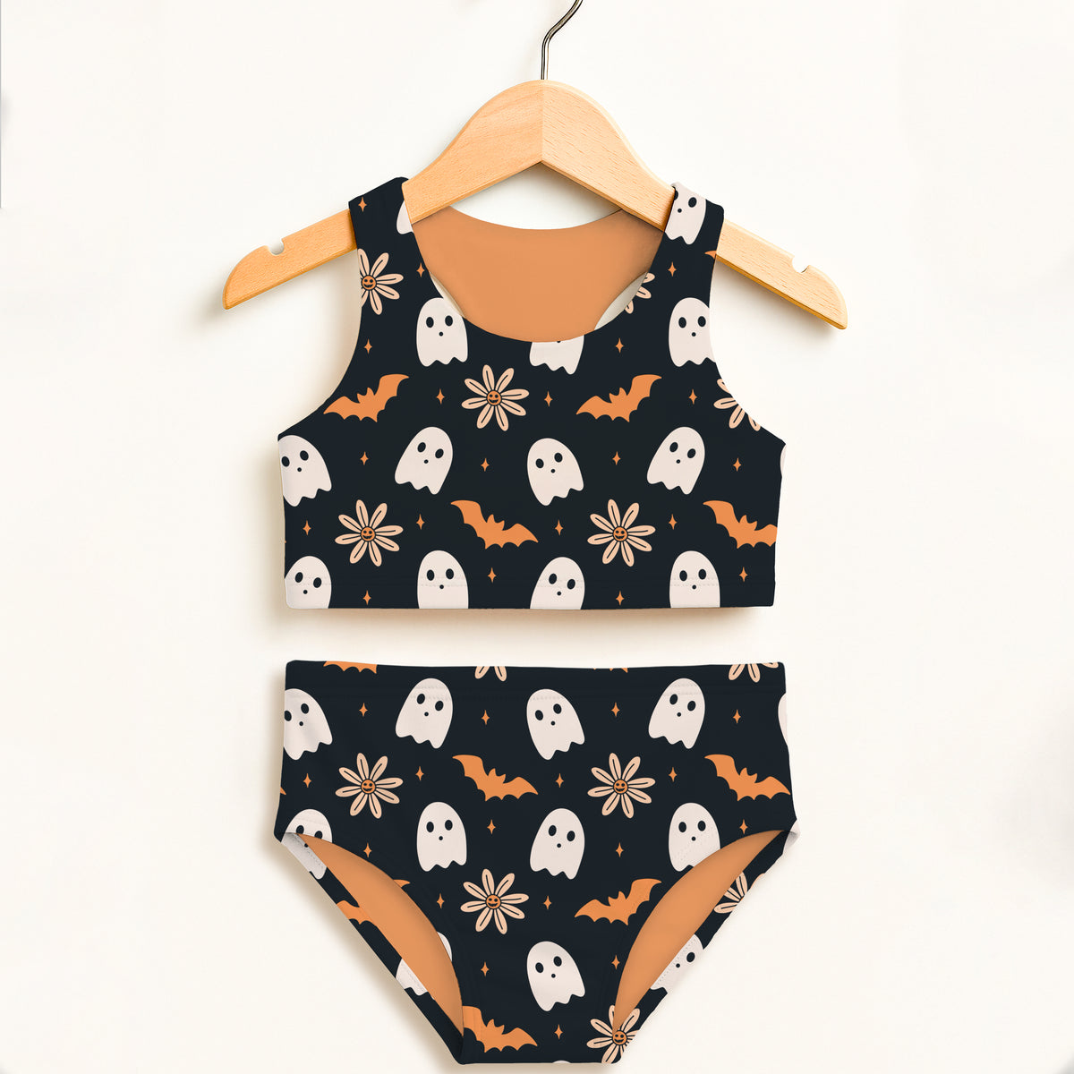 Girls Floral Ghost & Bat Halloween Two Piece Swimsuit – Double Layered UPF 50+ High Waisted Comfort
