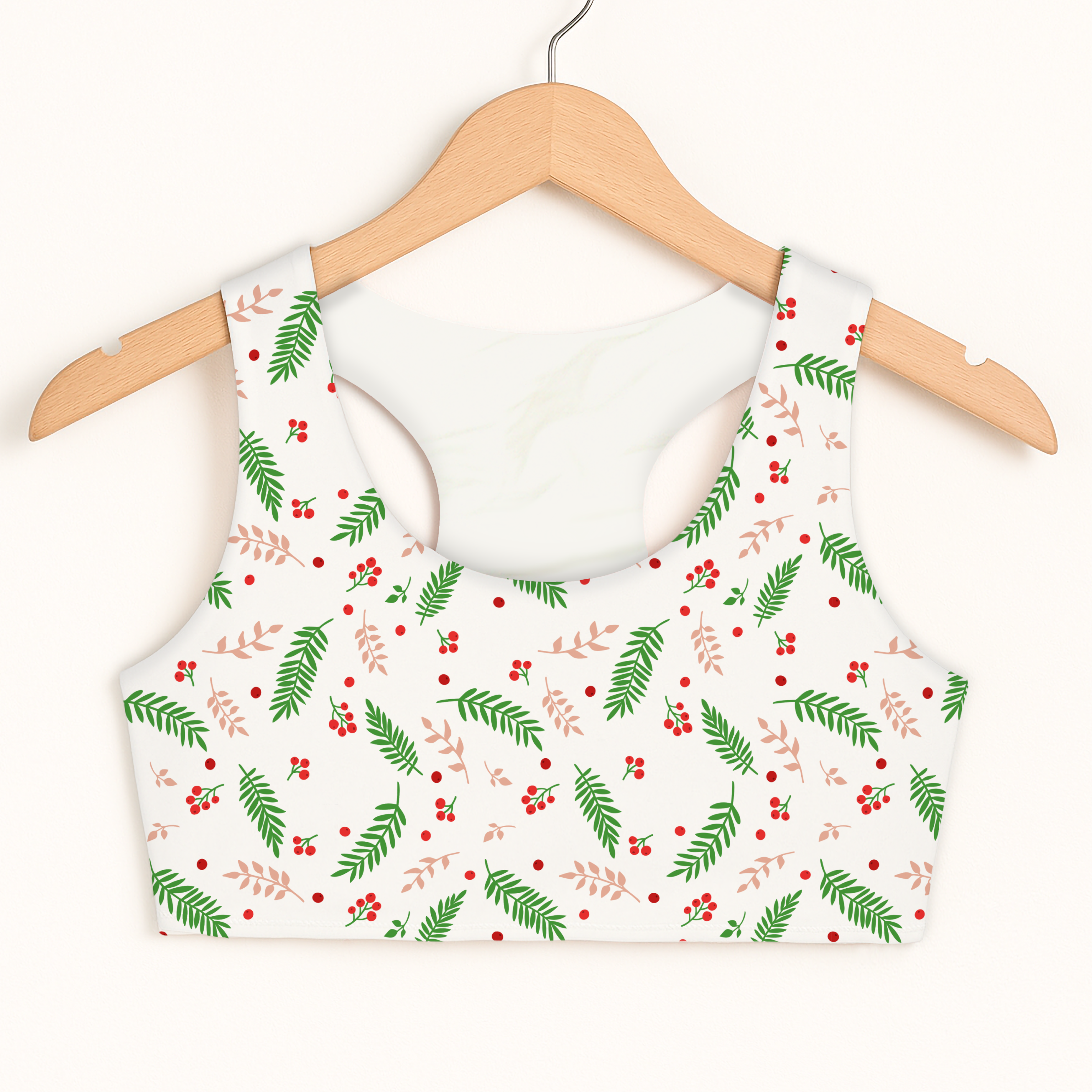 Girls christmas leaves white sports bra with festive green ferns pink leaves red berries quick drying comfort