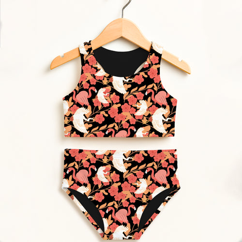 Black girls two-piece swimsuit with pink flamingos white cranes coral flowers double layered upf 50+ high waisted comfort
