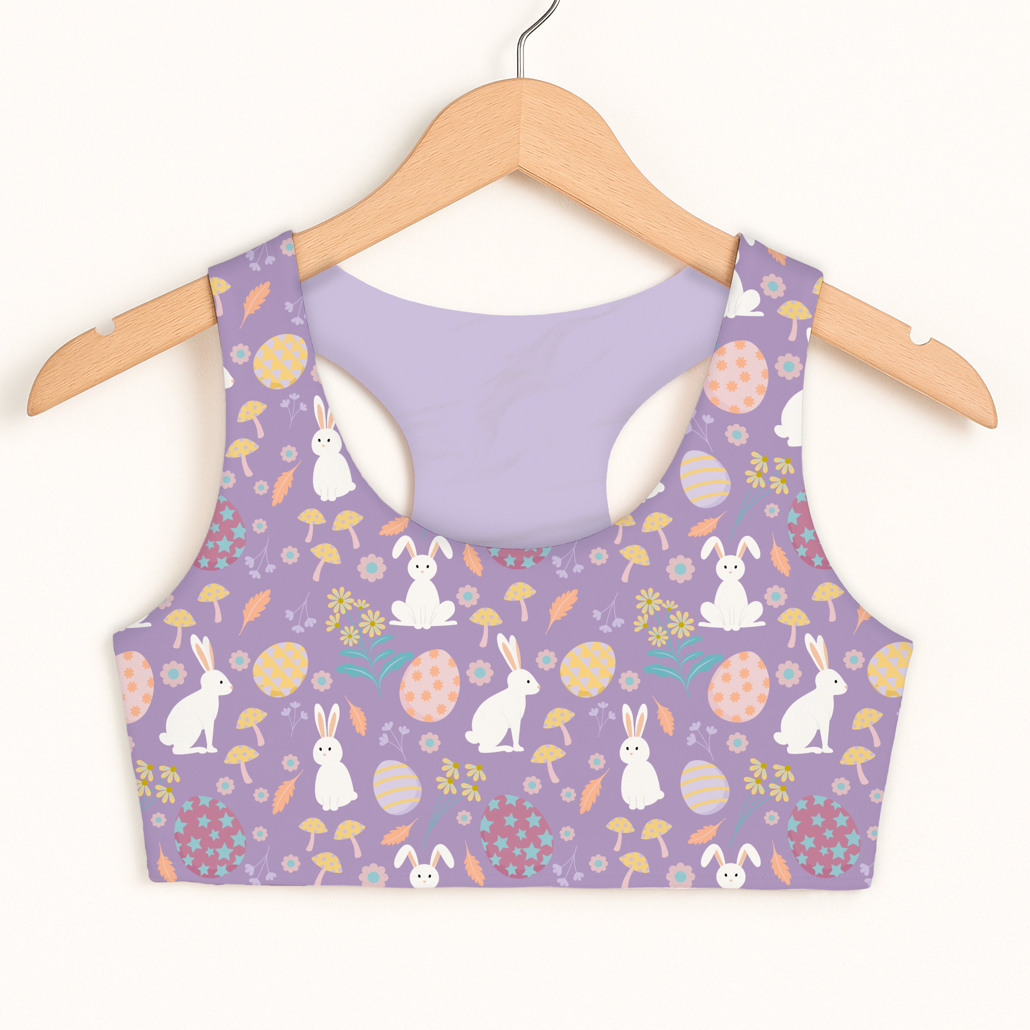 Girls purple easter bunny sports bra with quick drying double layered comfort and playful bunny egg mushroom pattern