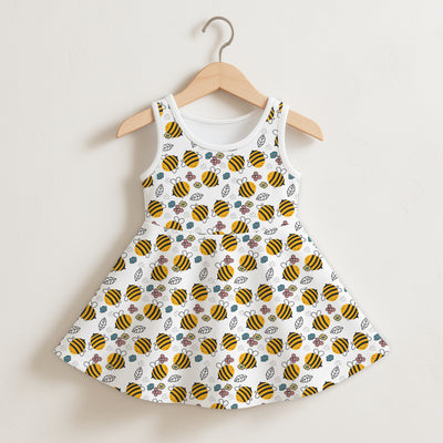 Girls floral yellow bumblebee sleeveless dress white cotton with playful bee flower and leaf pattern for casual wear