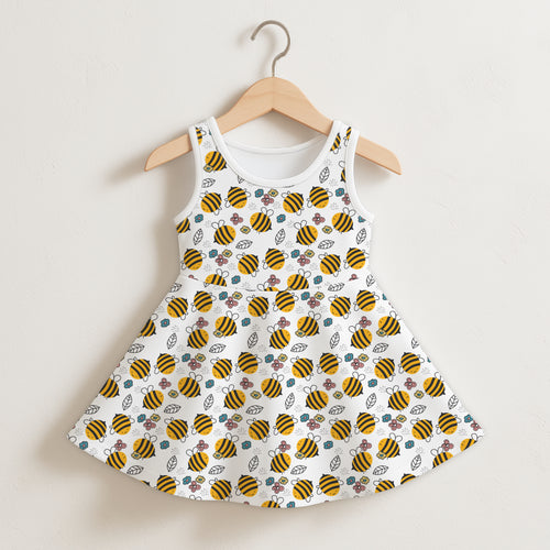 Girls floral yellow bumblebee sleeveless dress white cotton with playful bee flower and leaf pattern for casual wear