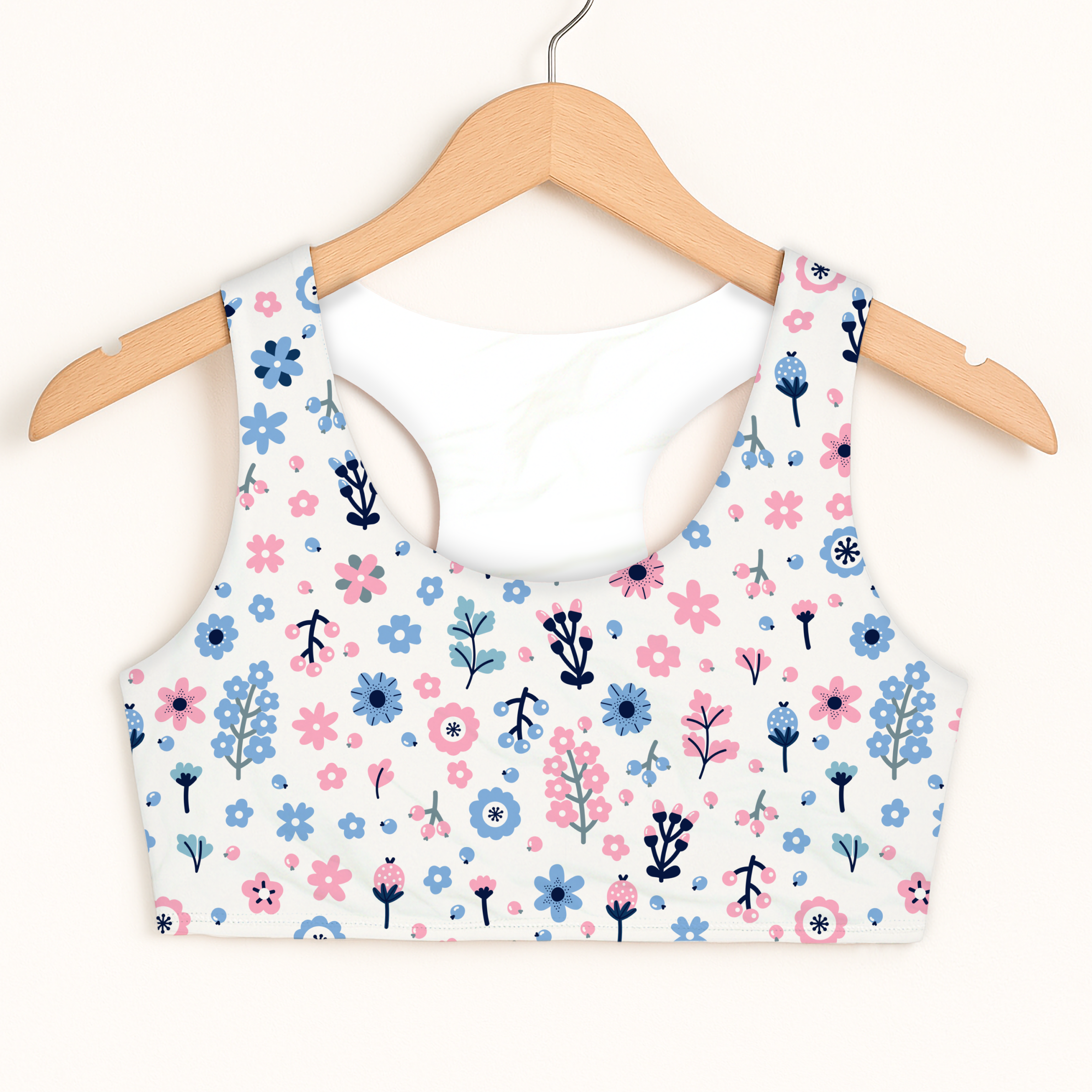 White girls floral sports bra with pink blue flowers and green stems quick drying and double layered comfort