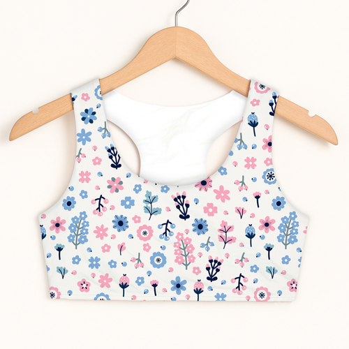 White girls floral sports bra with pink blue flowers and green stems quick drying and double layered comfort