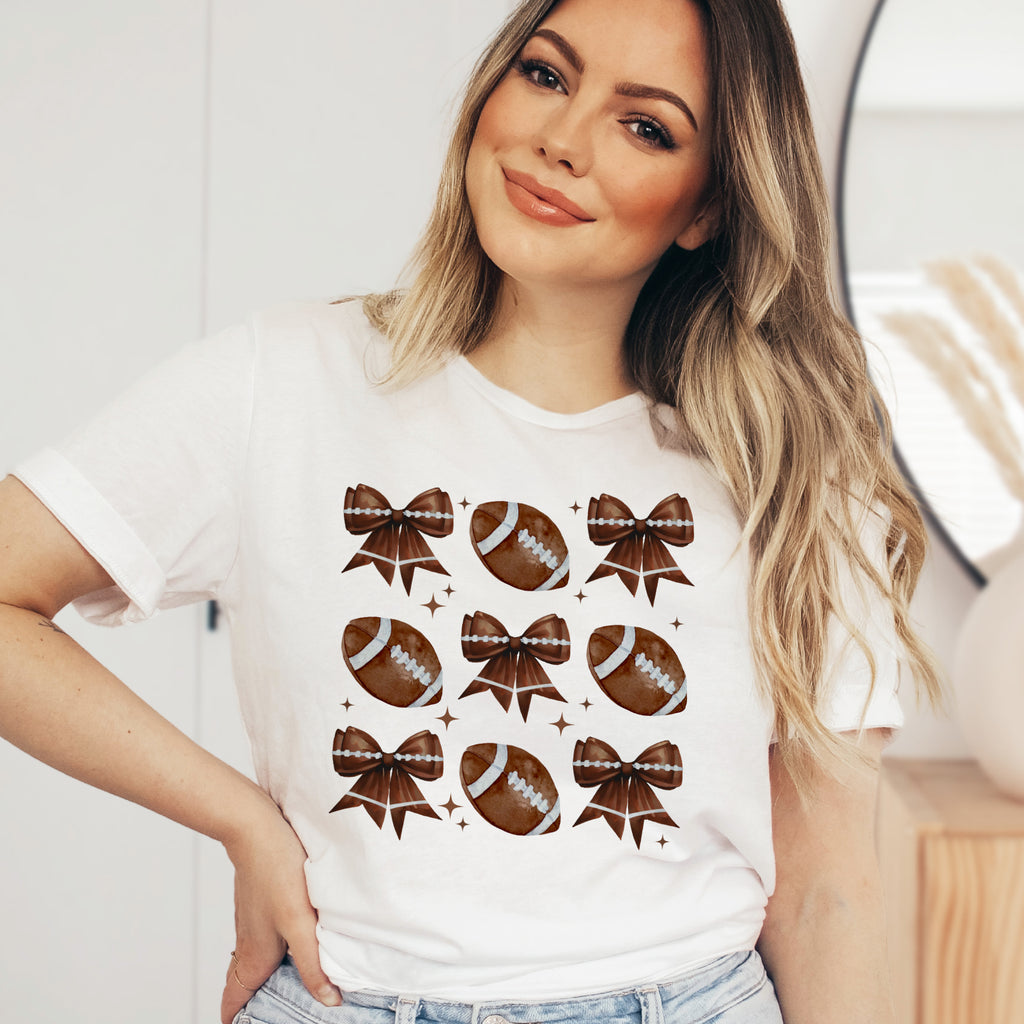 Football Bow Graphic T-Shirt - Soft Lightweight Cotton Pre-Shrunk Tee