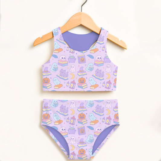 Girls Spooky Book Themed Halloween Two Piece Swimsuit – Double Layered UPF 50+ High Waisted Comfort