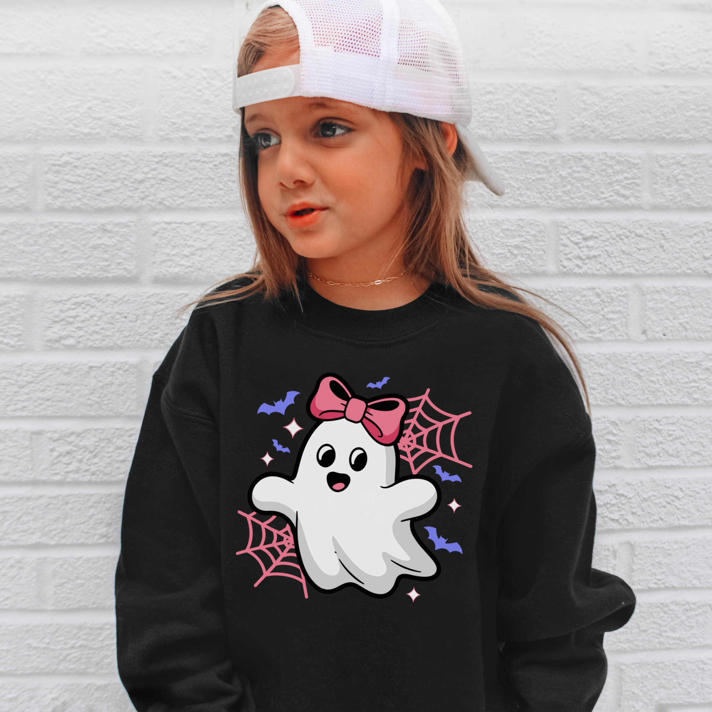 Black long-sleeved girls ghost halloween sweatshirt with cute white ghost pink bow pink spiderwebs purple bats
