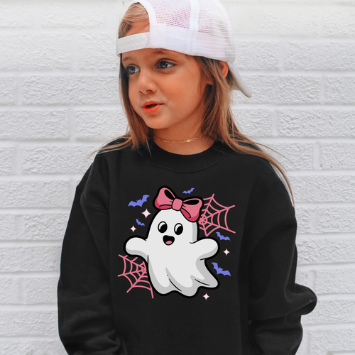 Black long-sleeved girls ghost halloween sweatshirt with cute white ghost pink bow pink spiderwebs purple bats