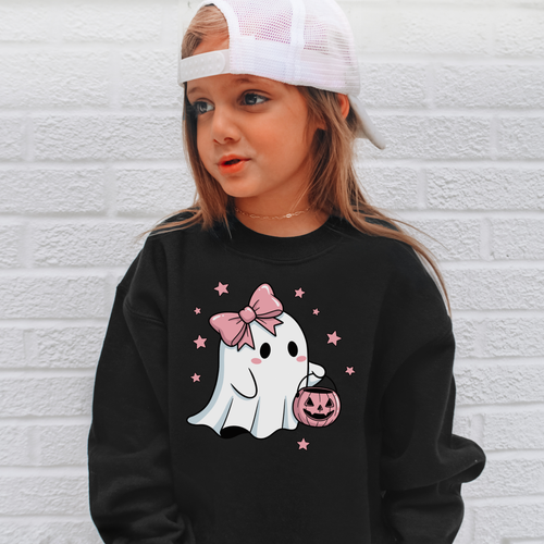 Black long-sleeved girls sweatshirt with cute white ghost pink bow and pumpkin design for halloween pullover