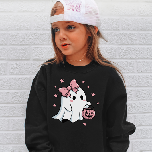 Girls Cute Ghost Sweatshirt – Halloween Toddler & Youth Pullover with Pink Pumpkin