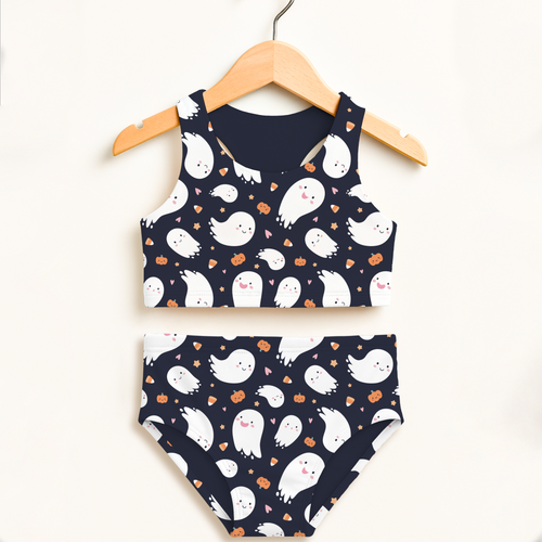 Navy blue girls ghost Halloween two piece swimsuit with white ghosts and orange pumpkins double layered UPF 50 high waisted