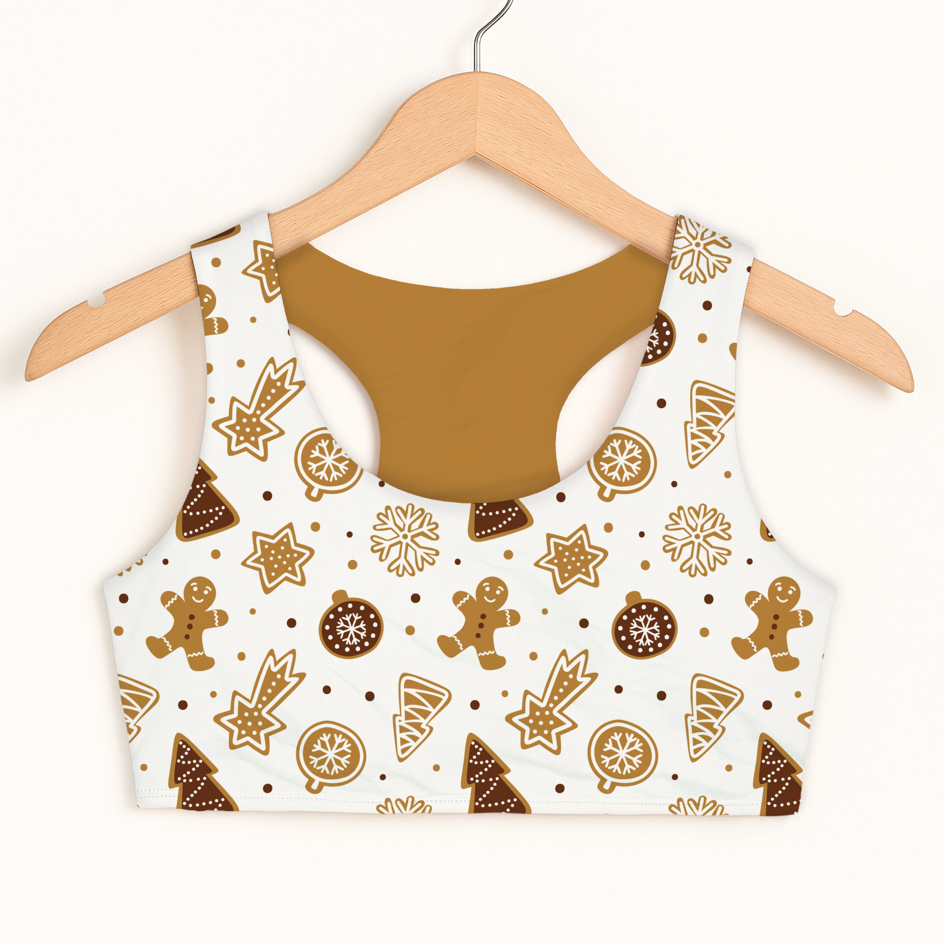 Girls gingerbread cookies christmas sports bra white quick drying double layered with festive gingerbread pattern