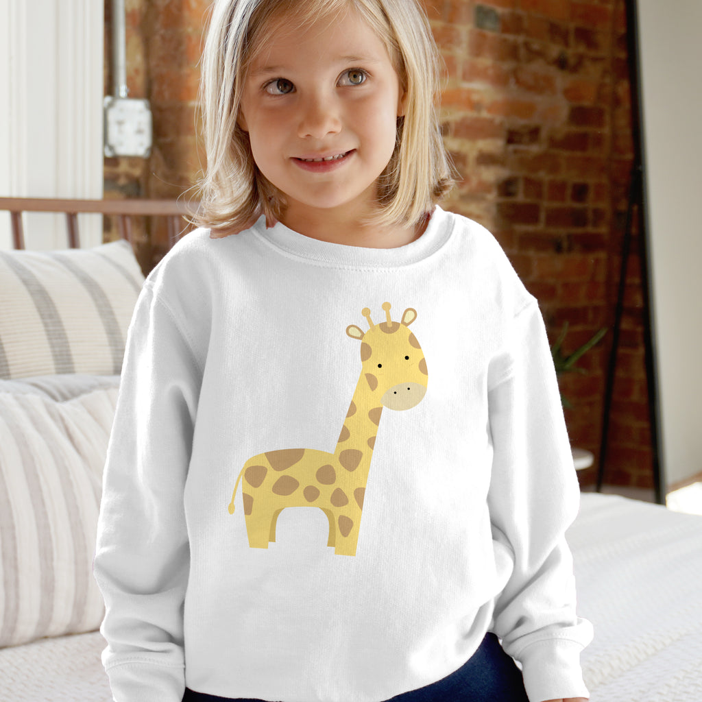 White fleece kids sweatshirt with yellow giraffe and brown spots printed on front for boys and girls