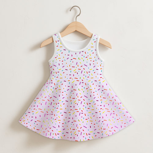 Girls colorful sprinkles sleeveless dress in white with a flared skirt and multicolor rainbow sprinkle print