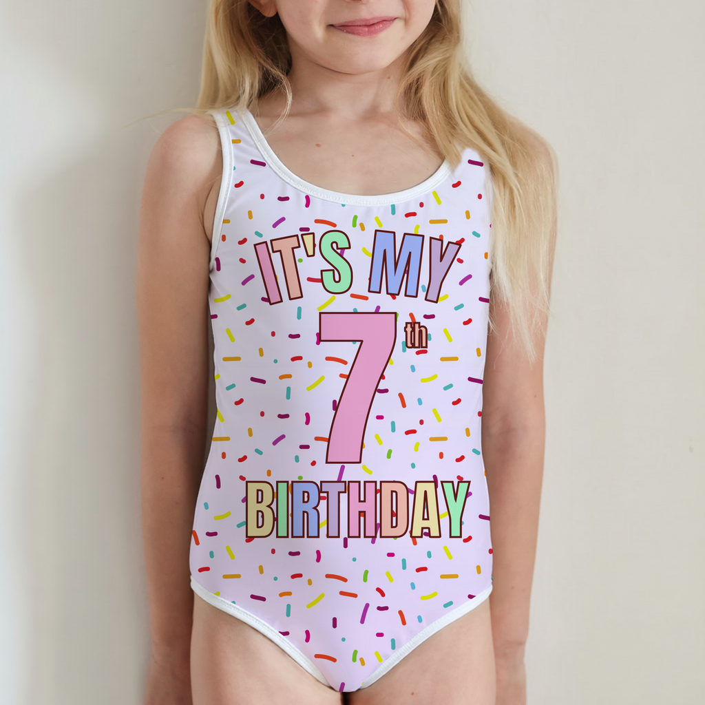 Girls Rainbow Sprinkles Custom Age It's My Birthday One Piece Swimsuit – Buttery Soft UPF 50+ Sun Protection, Quick Dry, Double Layered Front & 4-Way Stretch