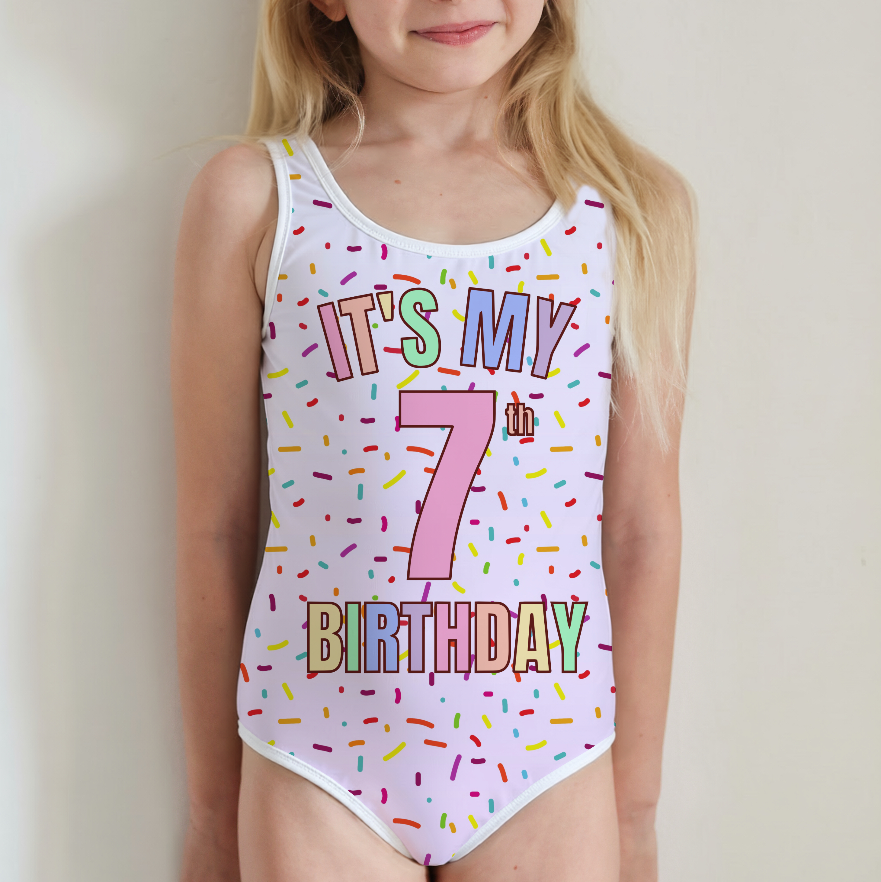 Girls Rainbow Sprinkles Custom Age It's My Birthday One Piece Swimsuit – Buttery Soft UPF 50+ Sun Protection, Quick Dry, Double Layered Front & 4-Way Stretch
