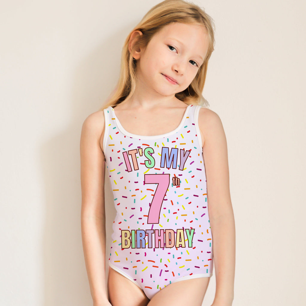 Girls Rainbow Sprinkles Custom Age It's My Birthday One Piece Swimsuit – Buttery Soft UPF 50+ Sun Protection, Quick Dry, Double Layered Front & 4-Way Stretch