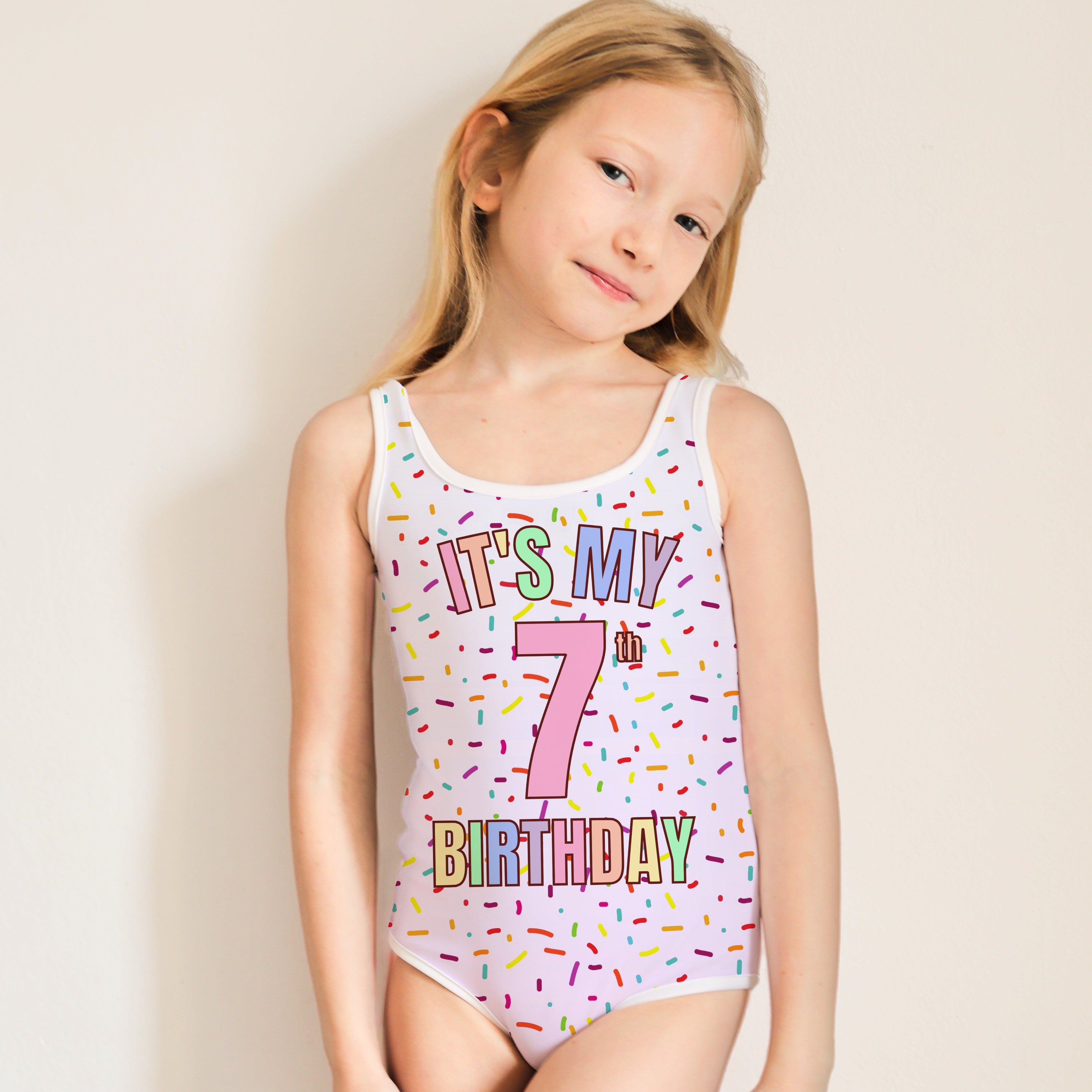 Girls Rainbow Sprinkles Custom Age It's My Birthday One Piece Swimsuit – Buttery Soft UPF 50+ Sun Protection, Quick Dry, Double Layered Front & 4-Way Stretch