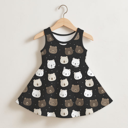Girls bear print sleeveless dress in black with white and brown bear faces on a soft sleeveless fabric