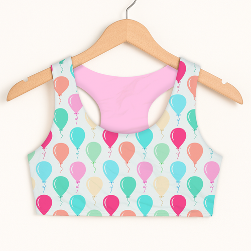 Girls birthday balloon sports bra with pastel balloon print pink lining quick drying double layered comfort on hanger