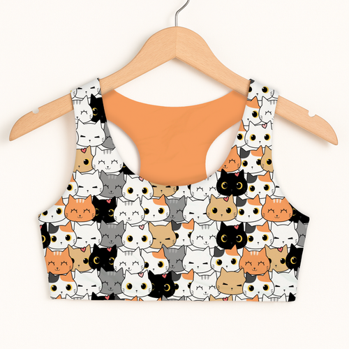 Girls cat face sports bra with vibrant cartoon cats pattern in white black gray and orange quick drying comfort