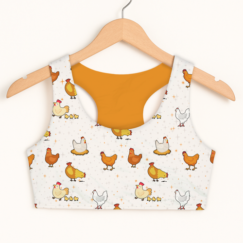 Girls chicken pattern sports bra white cropped top with quick drying double layered comfort and playful orange yellow chicks
