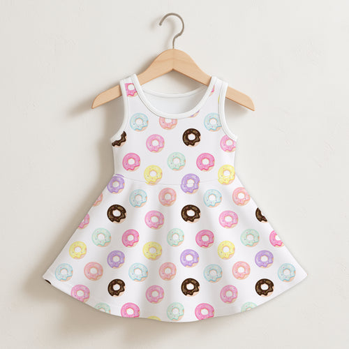 Girls colorful donuts sleeveless dress in white with pastel donut pattern and flared skirt for playful wear