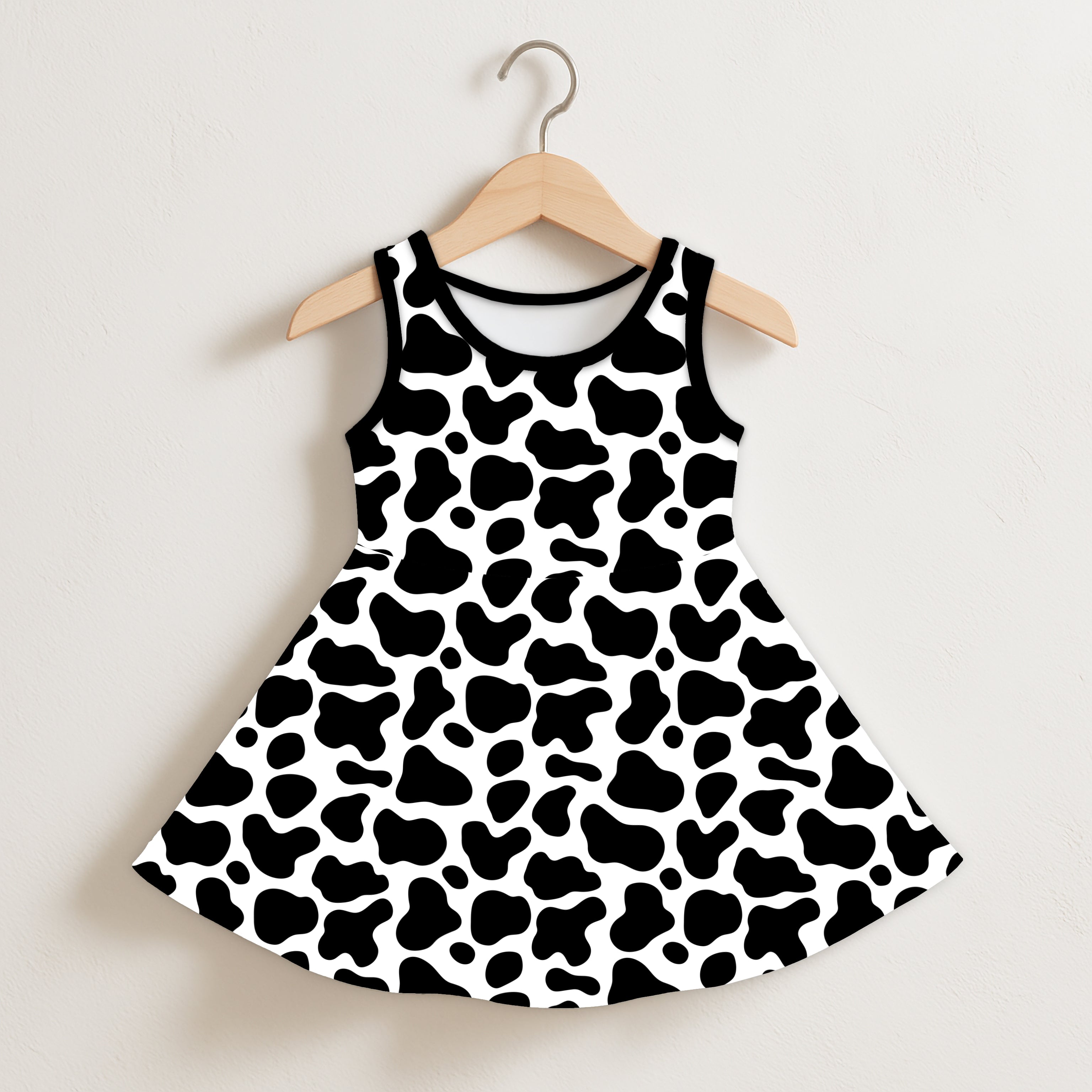 Girls black and white cow print sleeveless dress with flared skirt hanging on wooden hanger
