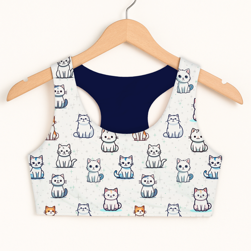 Girls cute cat sports bra back side with white cropped top, navy blue panel, playful cartoon cat pattern, quick drying double layer