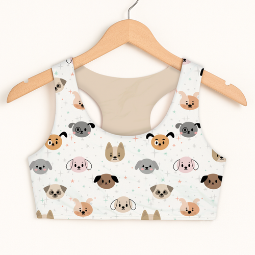 Girls dog face sports bra white crop top with colorful cartoon dog pattern quick drying double layered comfort