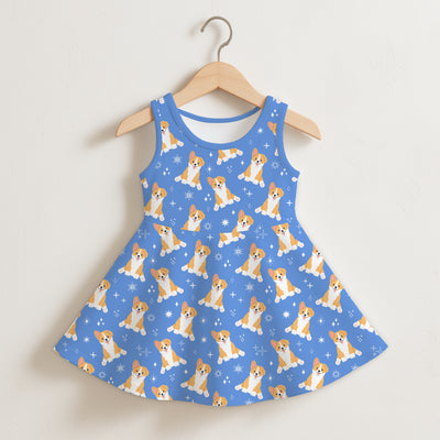 Girls Blue Corgi Dog Sleeveless Dress