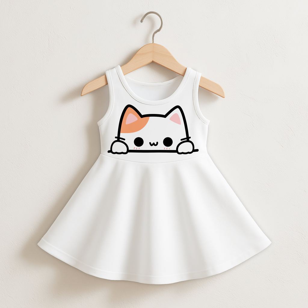 White sleeveless toddler dress featuring a cute cartoon cat peeking over the hem for girls casual wear