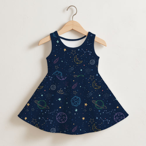 Navy blue sleeveless girls dress with flared skirt featuring colorful rainbow celestial planets stars and constellations design